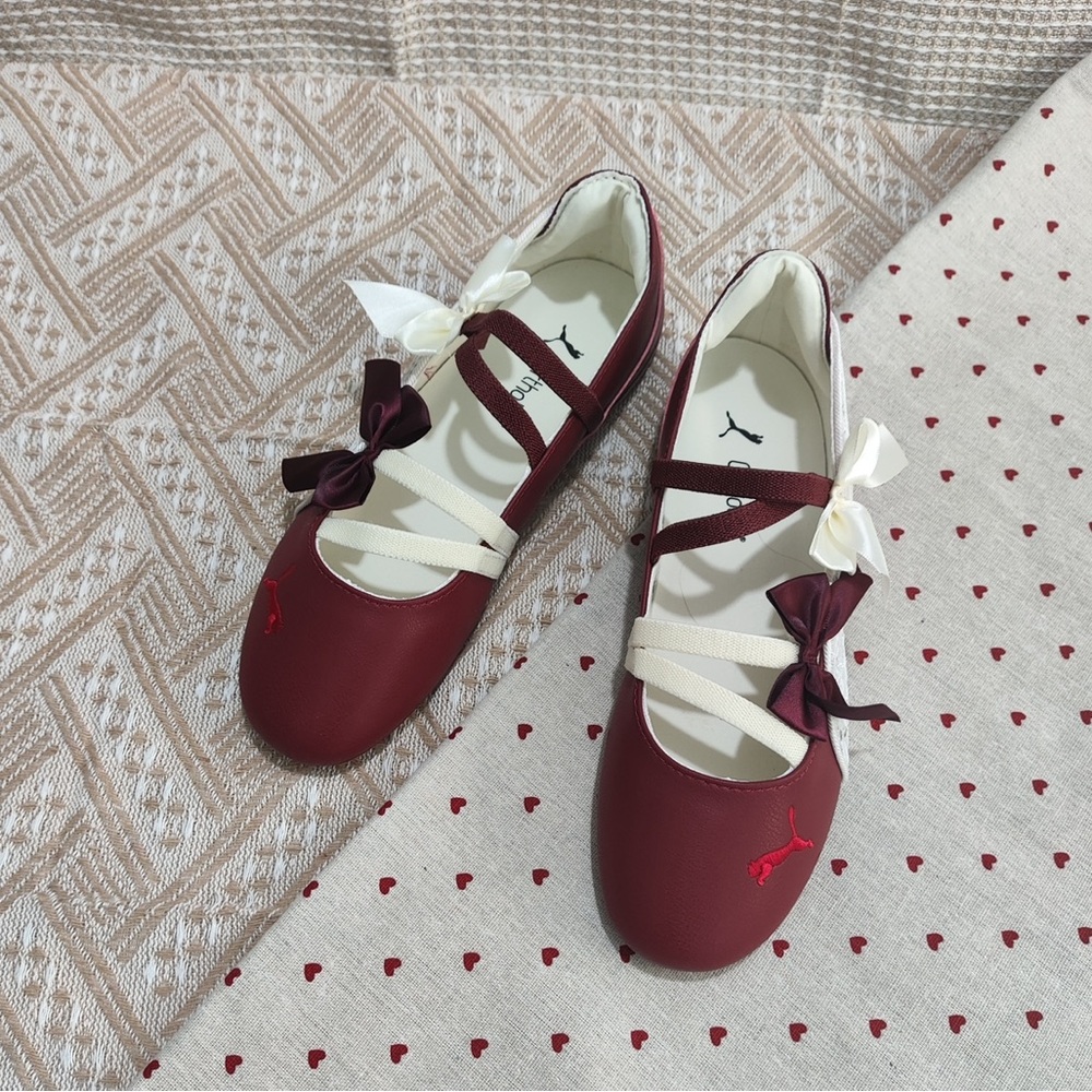 Puma Women's Burgundy and Cream Ballet Flats with Ribbon Straps